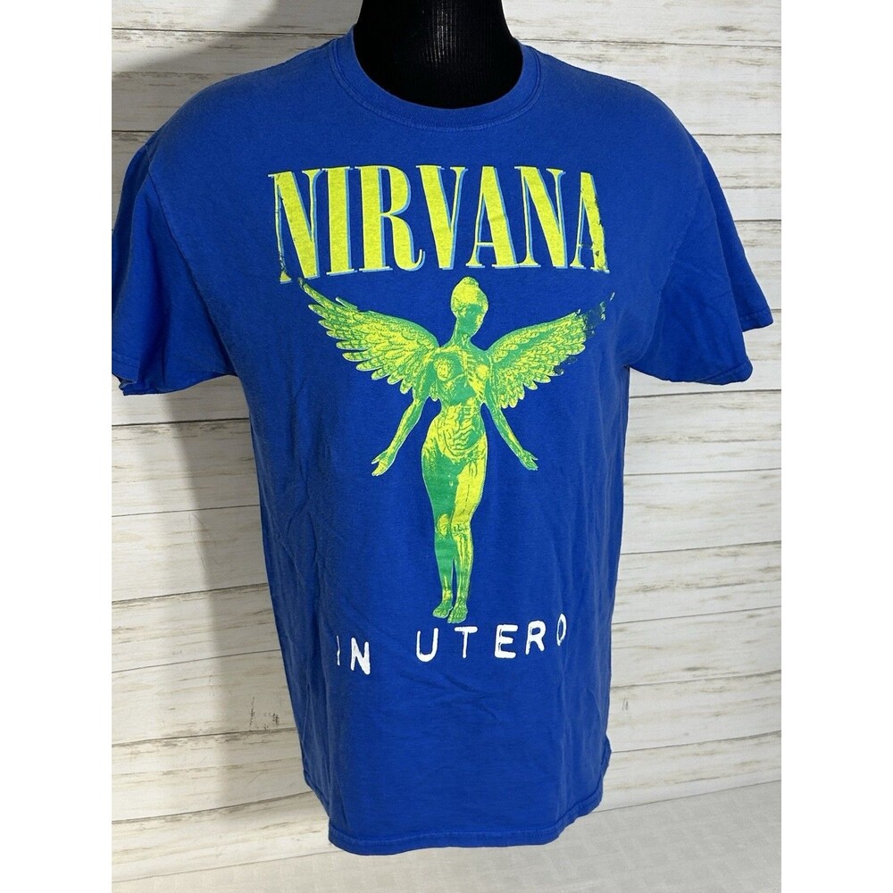 Y2K Nirvana In Utero Tee Shirt Blue Green Gildan Size Large Concert Tour Vintage